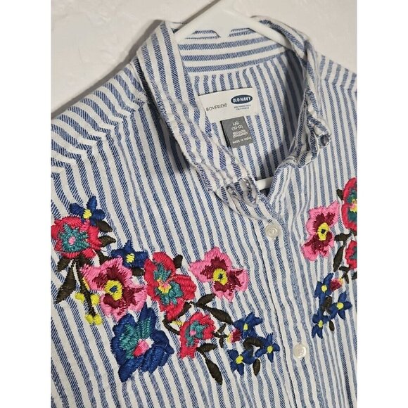 Old Navy Girls Blue White Striped Long Sleeve Button Up Flower Embroidery Large - Picture 2 of 3